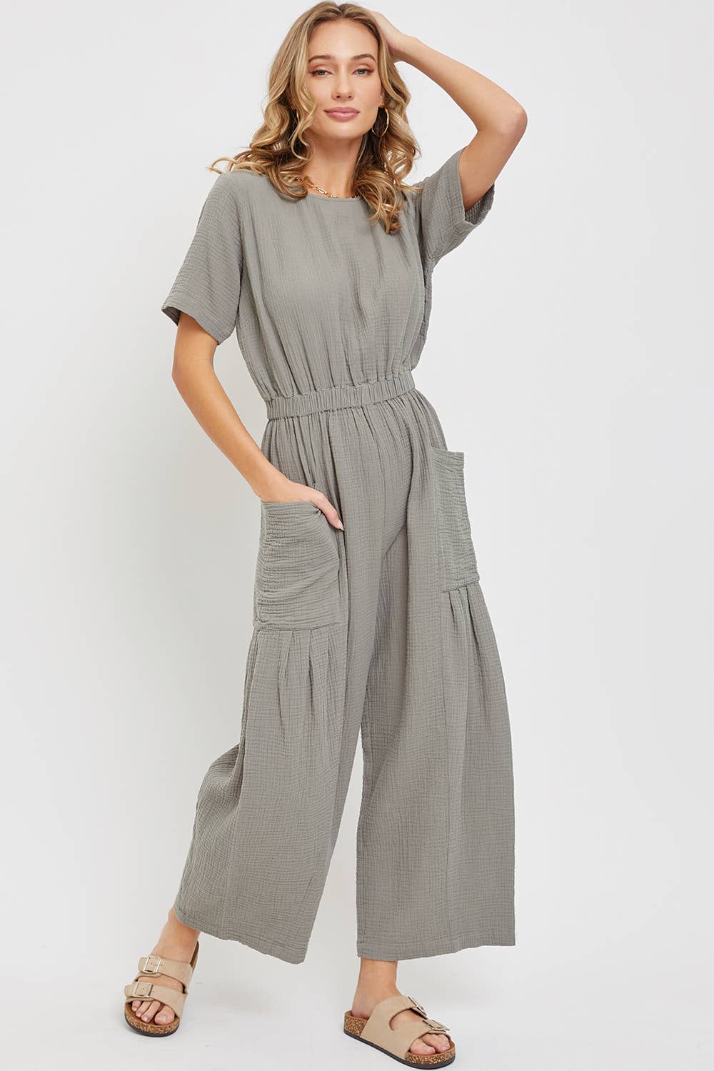 ONE-PIECE COTTON GAUZE WIDE-LEG JUMPSUIT