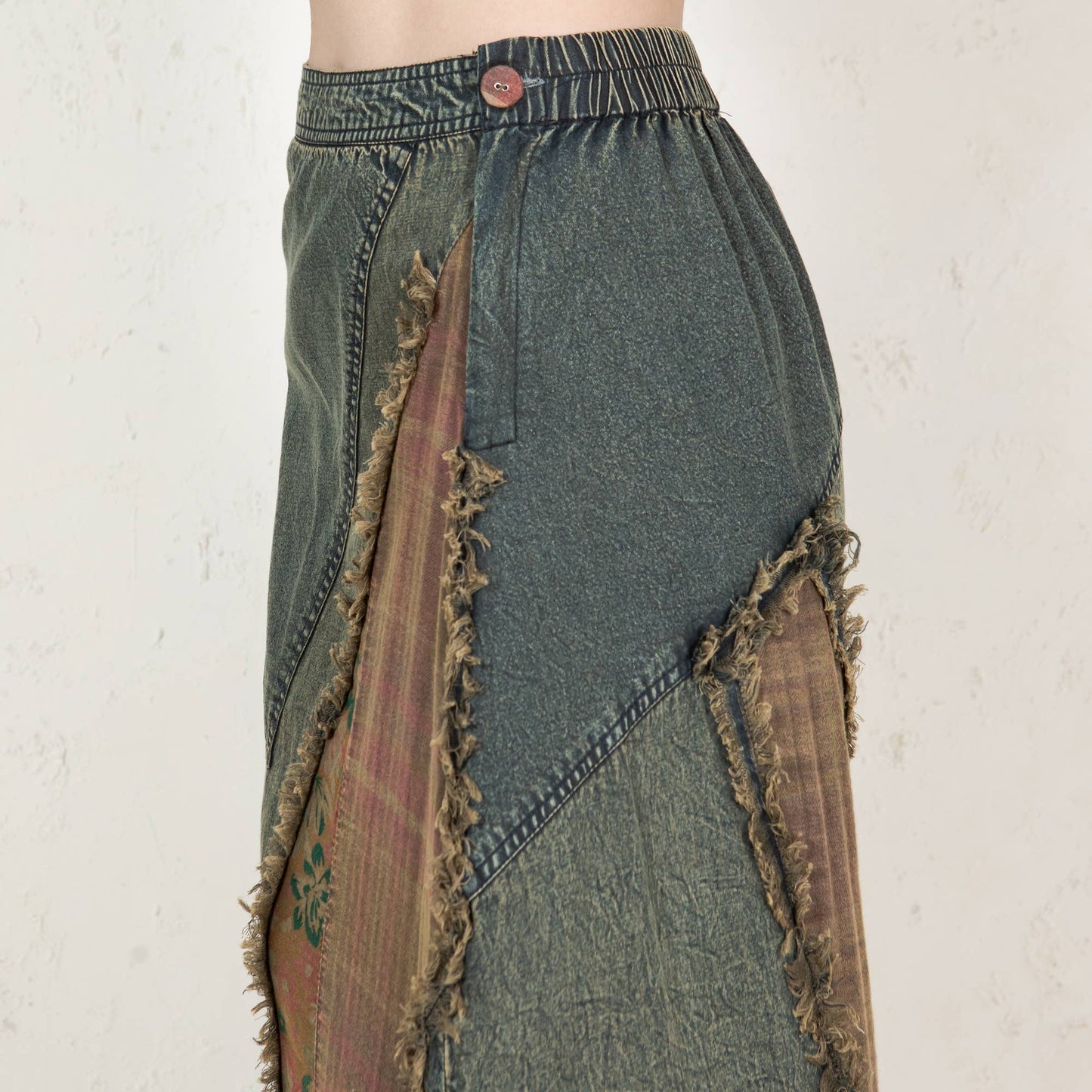 Western Boho Chic: Patch Inserted Denim Midi Skirt- New