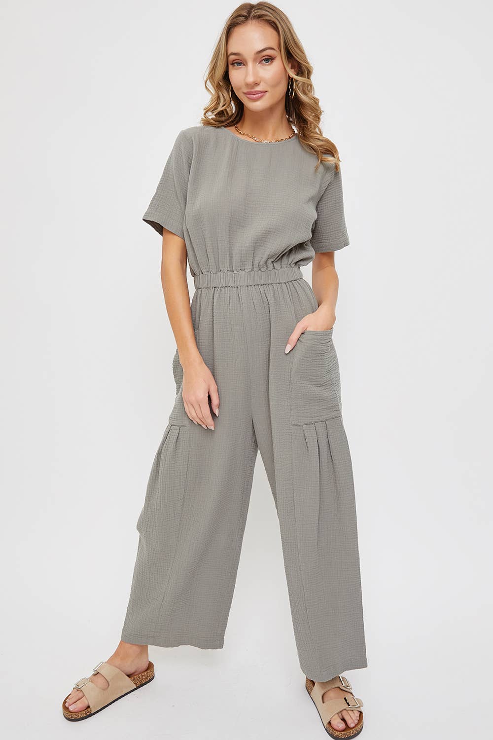 ONE-PIECE COTTON GAUZE WIDE-LEG JUMPSUIT