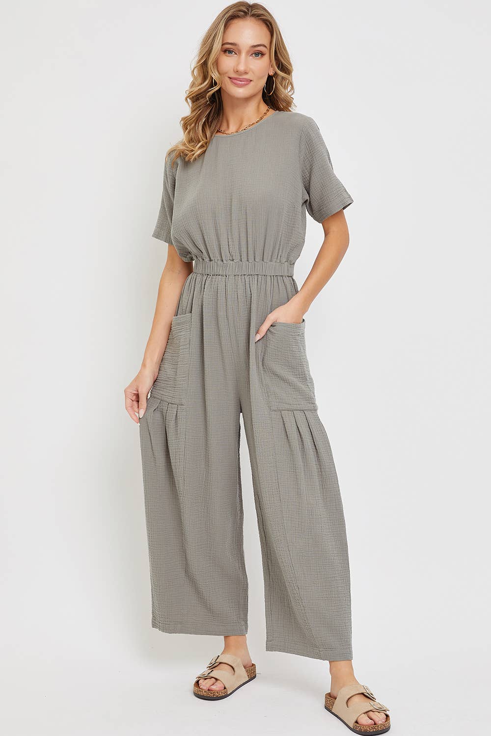 ONE-PIECE COTTON GAUZE WIDE-LEG JUMPSUIT