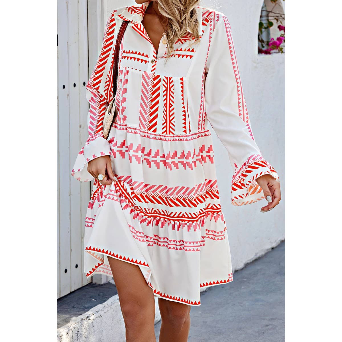 Allover Print Ruffle Button Trim Dress