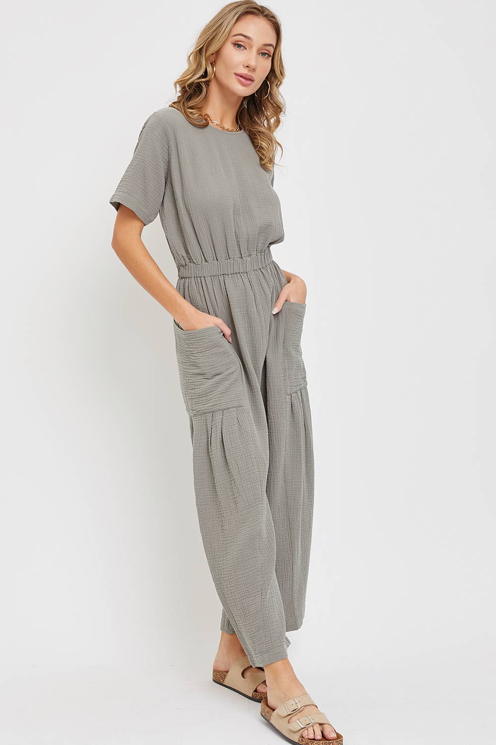 ONE-PIECE COTTON GAUZE WIDE-LEG JUMPSUIT