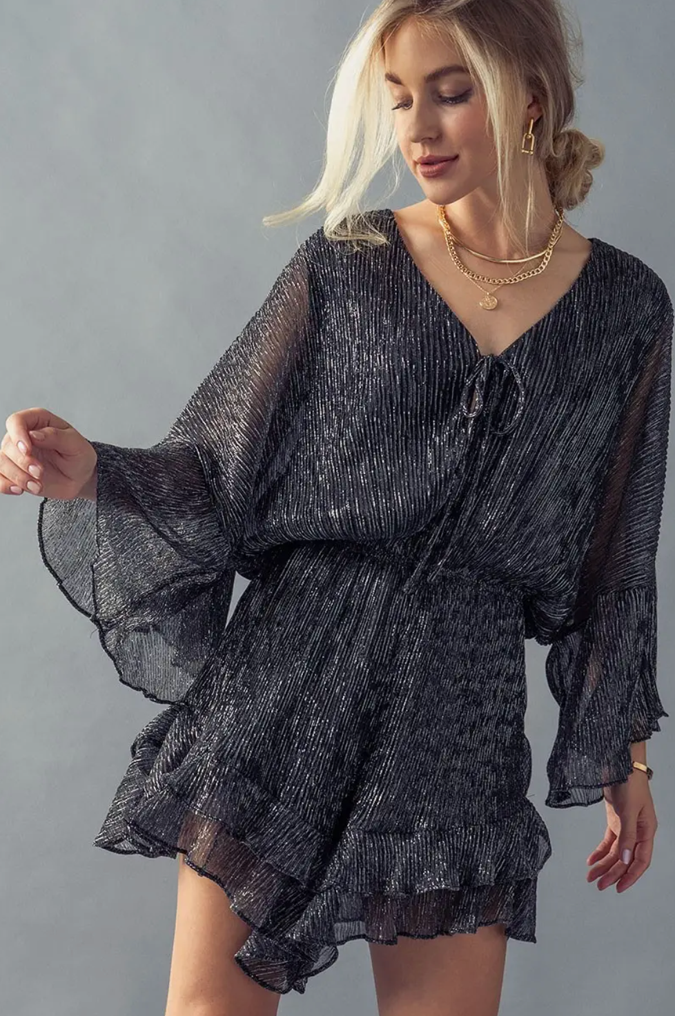 Metallic Glitter Angel Sleeve Romper - Bella Rosa Boutique