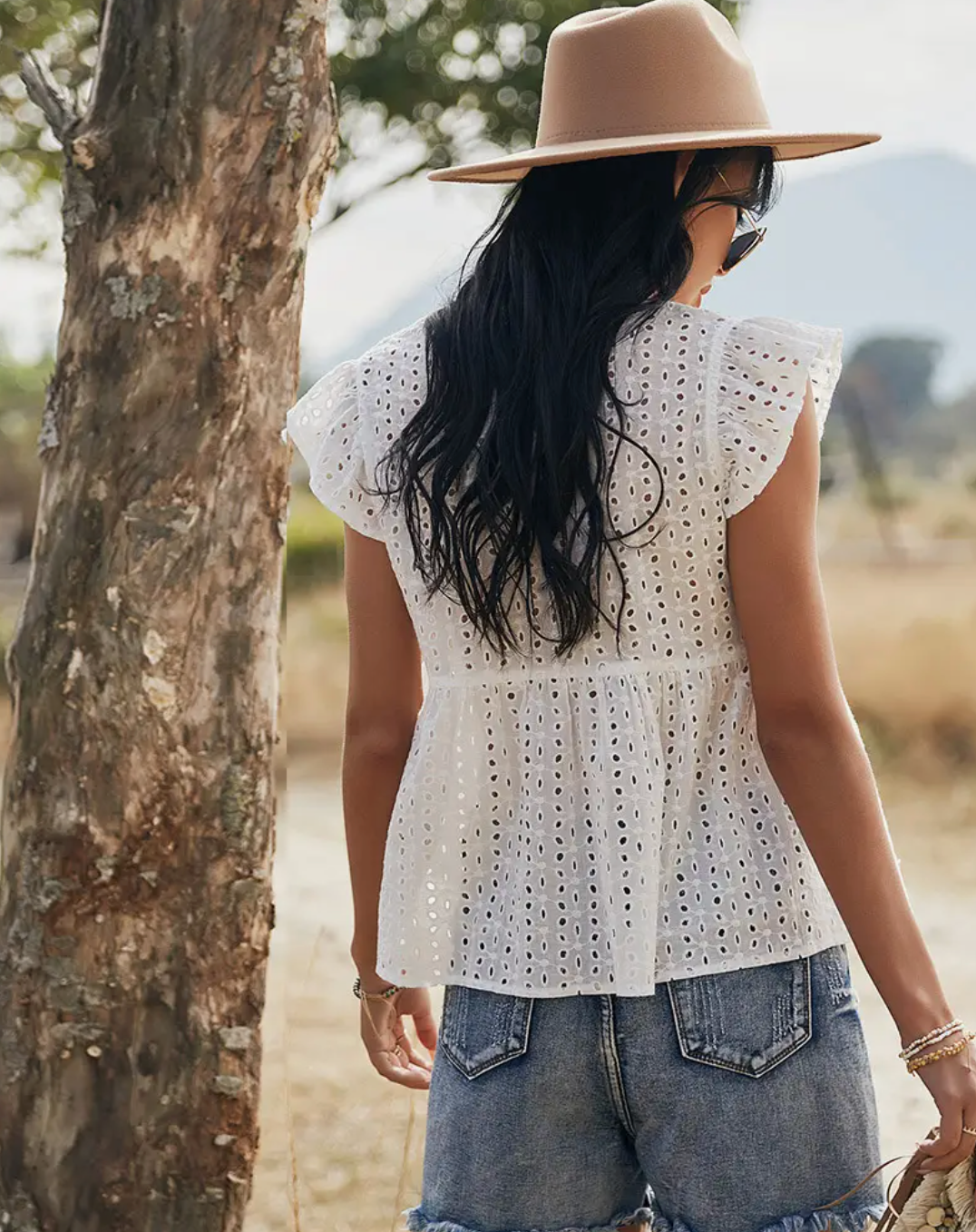 Babydoll Eyelet V-Neck Blouse