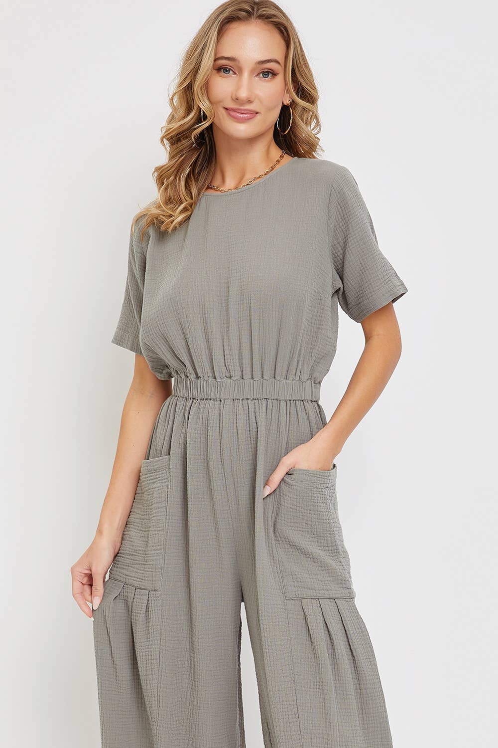 ONE-PIECE COTTON GAUZE WIDE-LEG JUMPSUIT