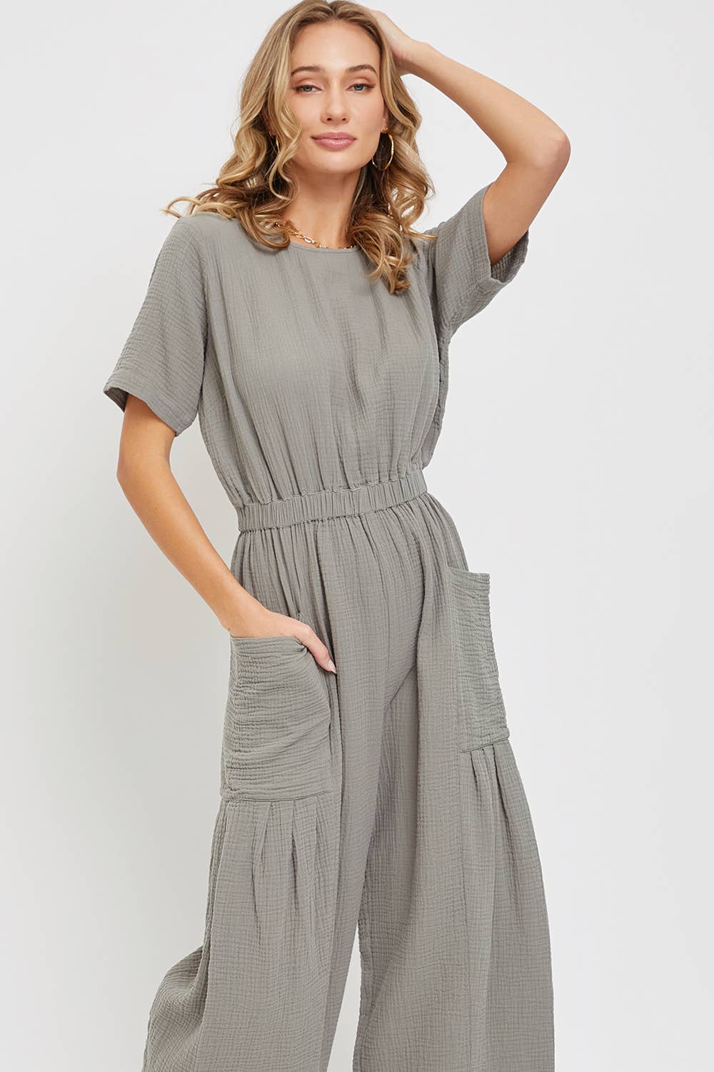 ONE-PIECE COTTON GAUZE WIDE-LEG JUMPSUIT