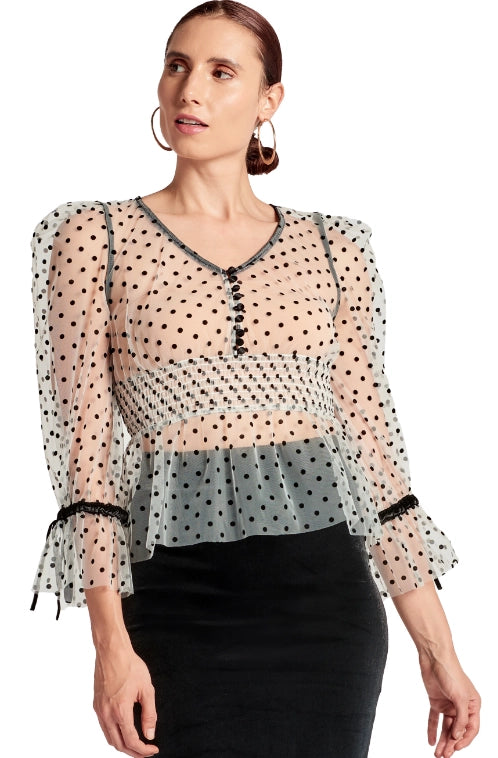 White polka 2024 dot mesh top