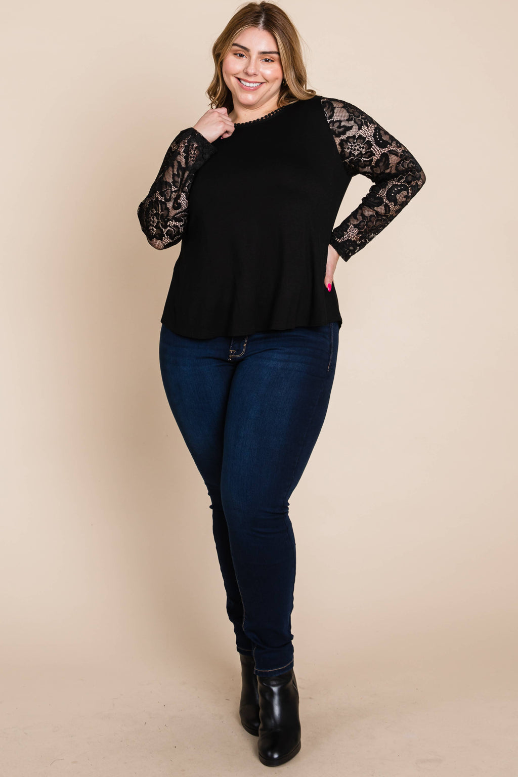 Solid Knit Top with Lace Mesh Sleeves