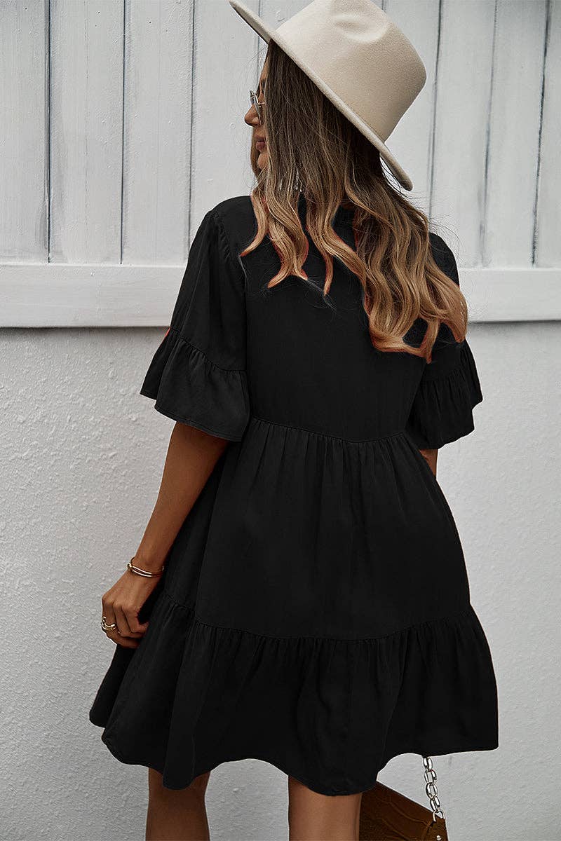 V Neck Button Up Solid Dress