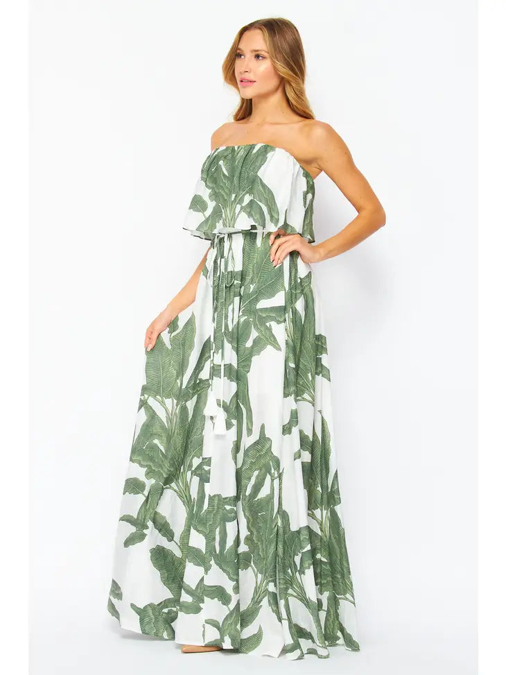 Palm Printed Woven Strapless Maxi Dress - Bella Rosa Boutique