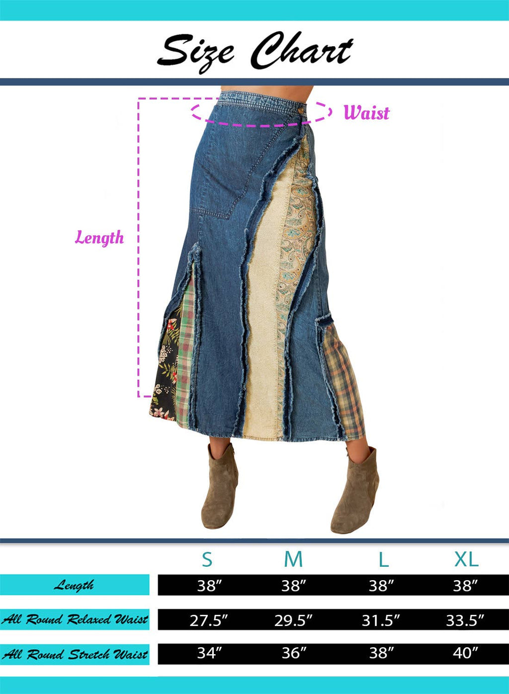 Western Boho Chic: Patch Inserted Denim Midi Skirt- New