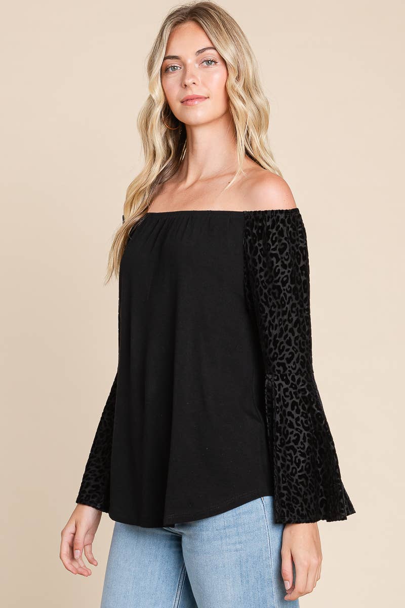 Off Shoulder Velvet Animal Mesh Top