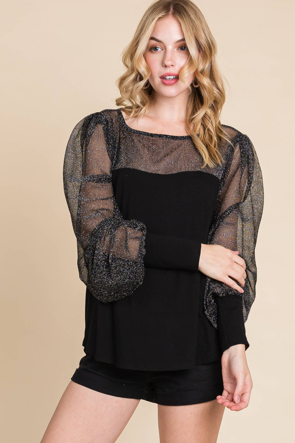 Solid Knit Top with Metallic Sleeves