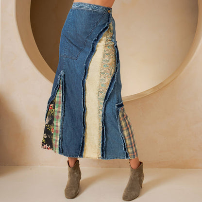 Western Boho Chic: Patch Inserted Denim Midi Skirt- New