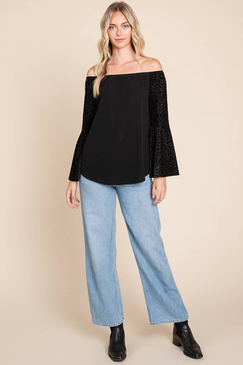 Off Shoulder Velvet Animal Mesh Top