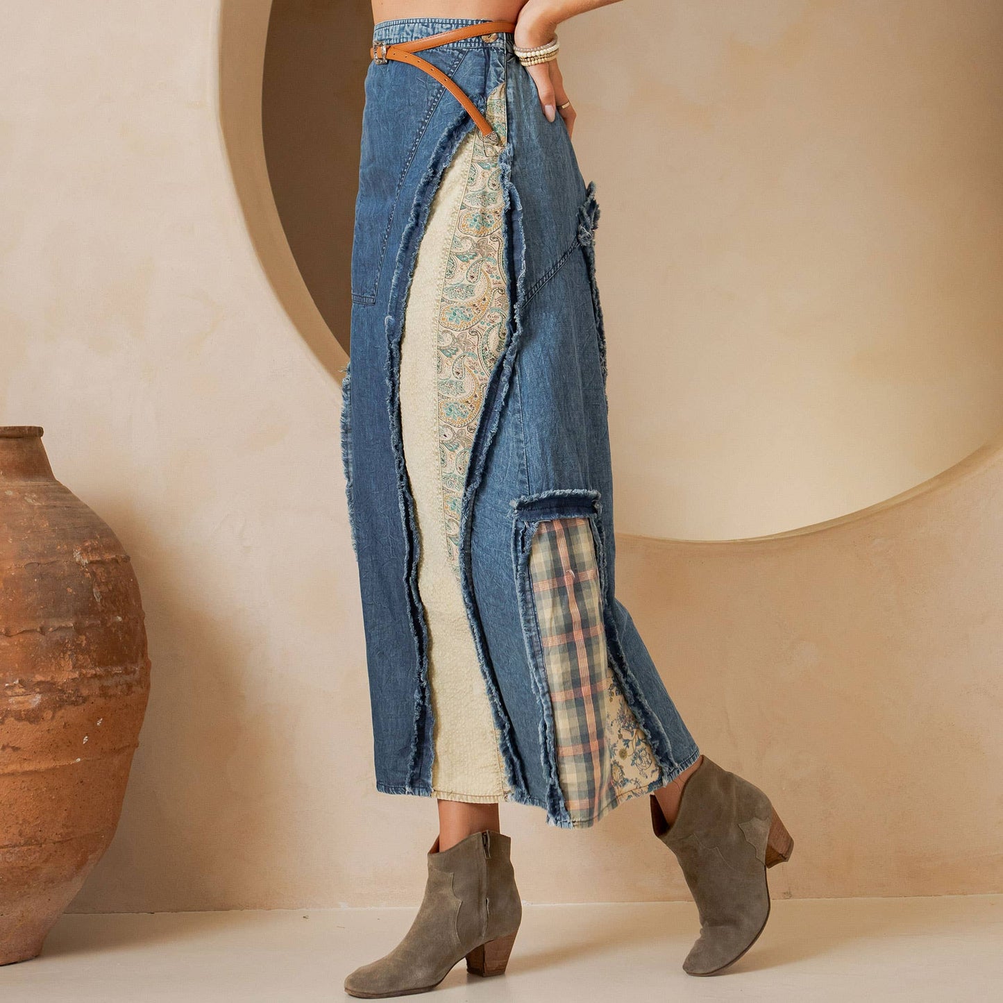 Western Boho Chic: Patch Inserted Denim Midi Skirt- New