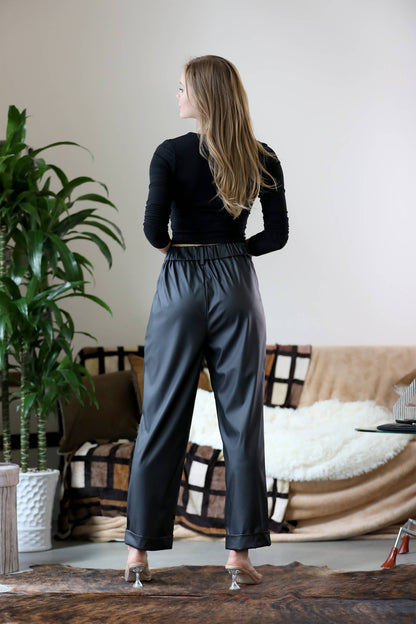 VEGAN LEATHER PLEAT FRONT PANTS