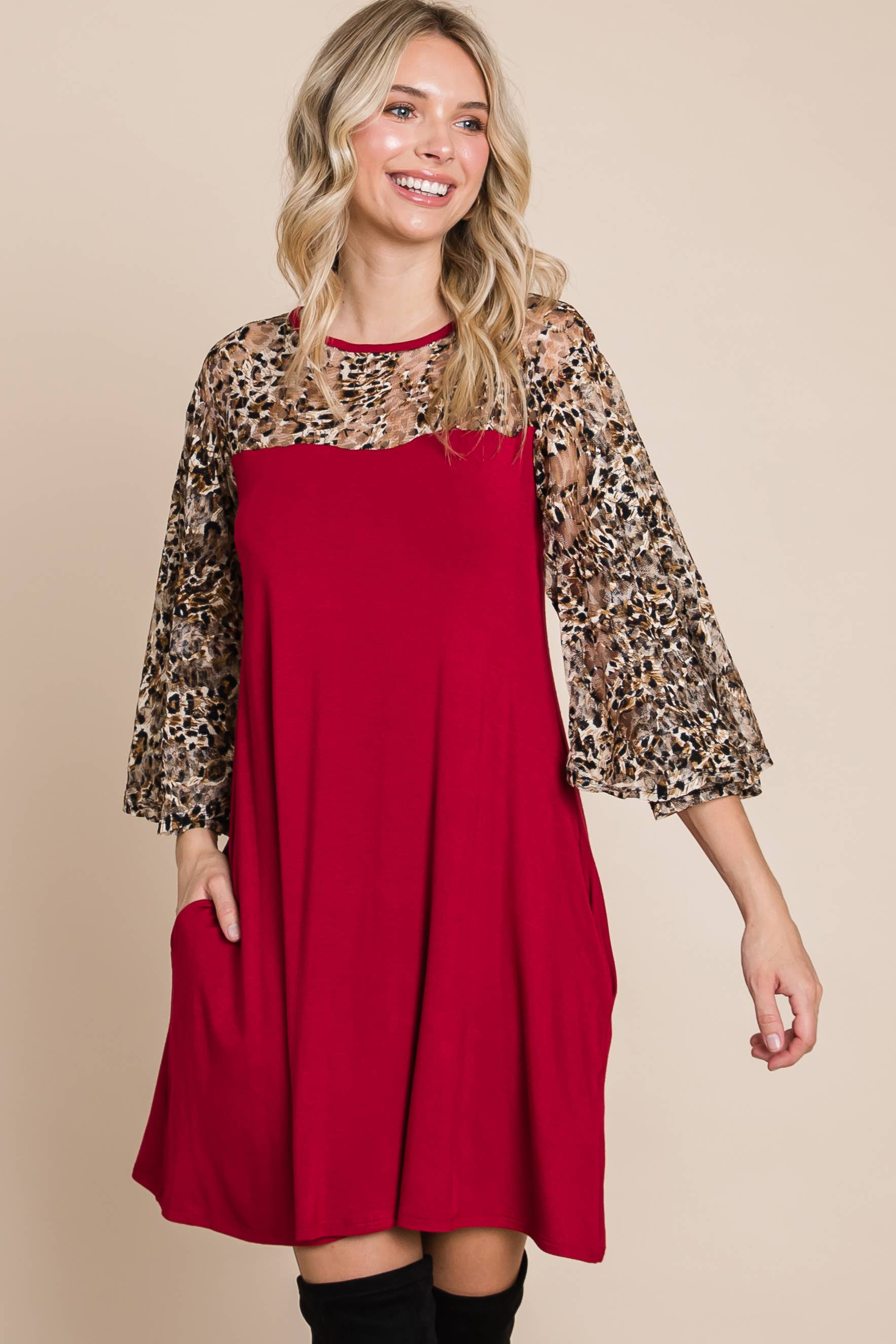 Cheetah Mesh Bell Sleeve Swing Dress