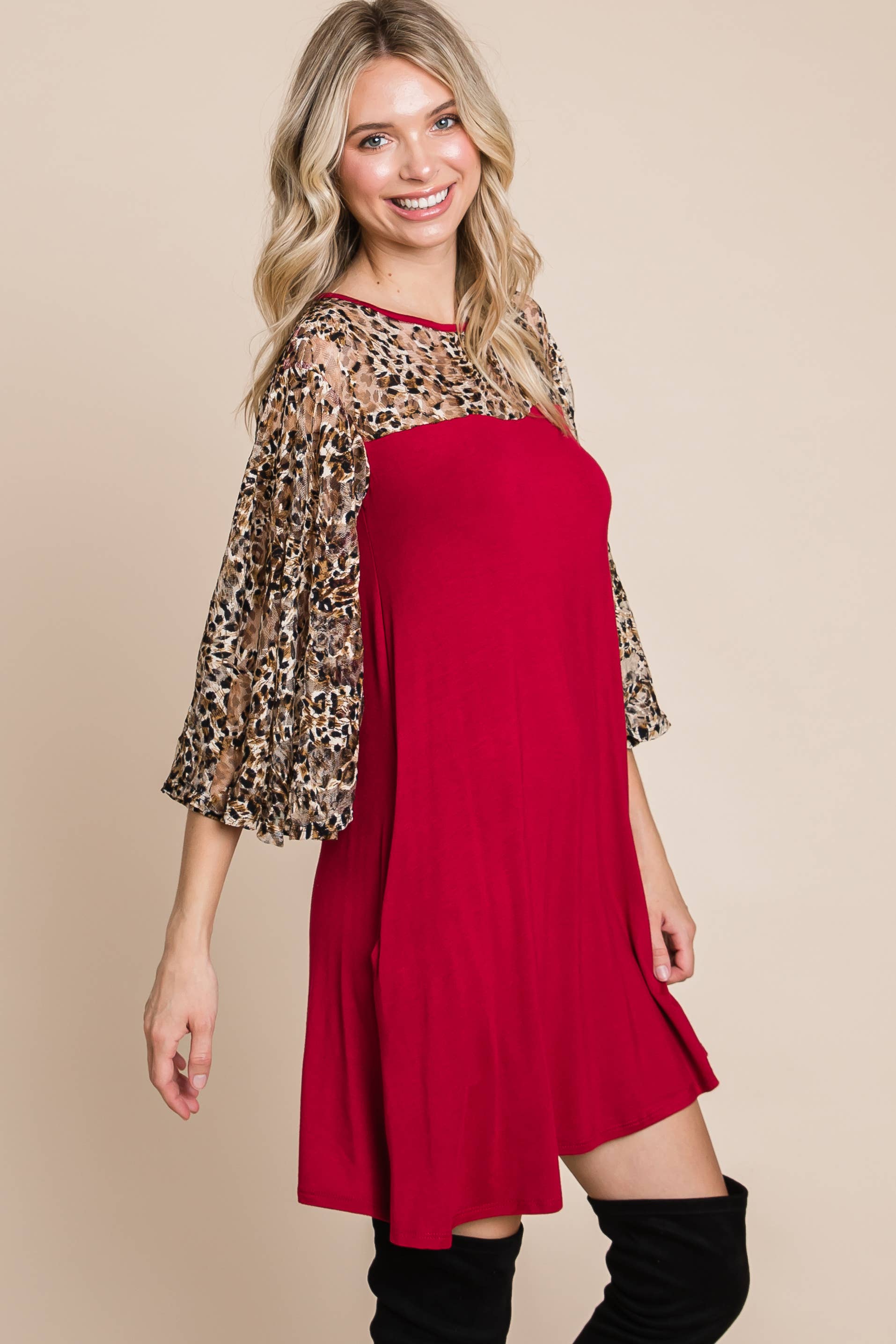 Cheetah Mesh Bell Sleeve Swing Dress