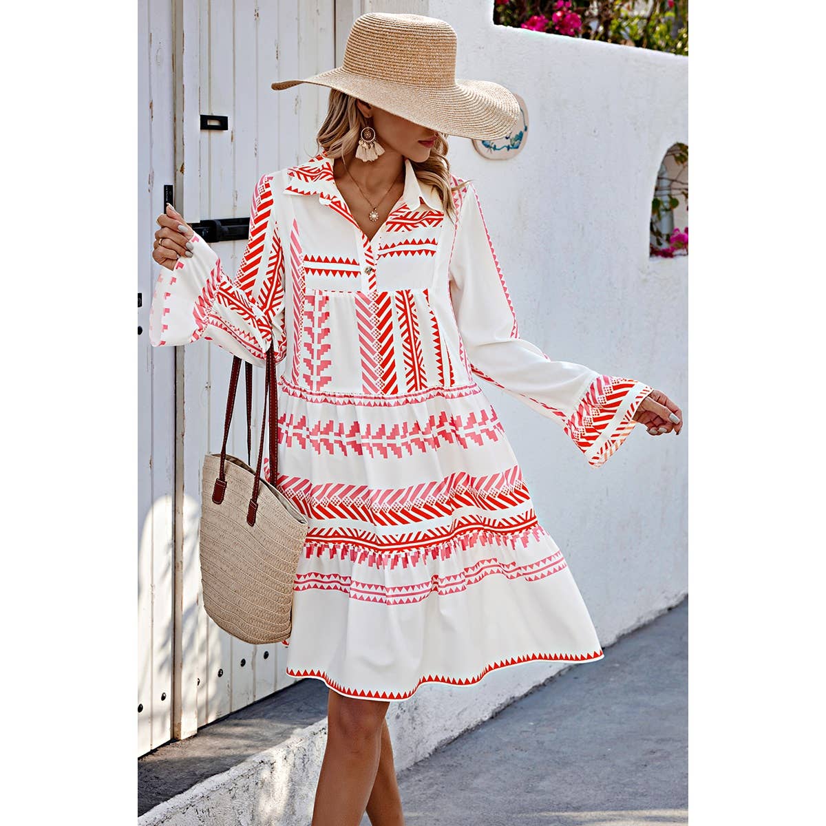 Allover Print Ruffle Button Trim Dress