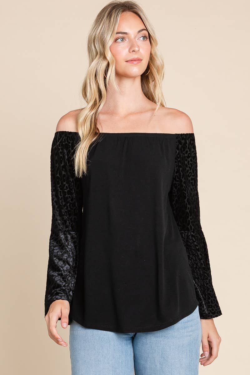 Off Shoulder Velvet Animal Mesh Top