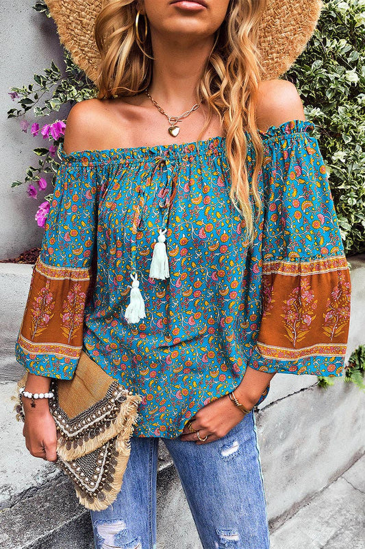 Off Shoulder Long Sleeve Drawstring Color Blocked Floral Top