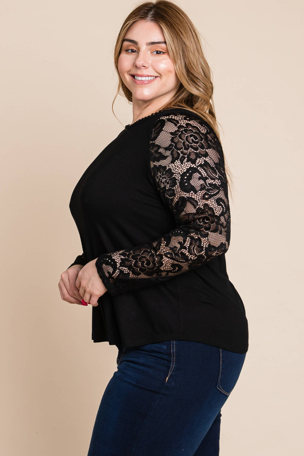 Solid Knit Top with Lace Mesh Sleeves