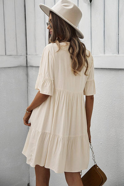 V Neck Button Up Solid Dress