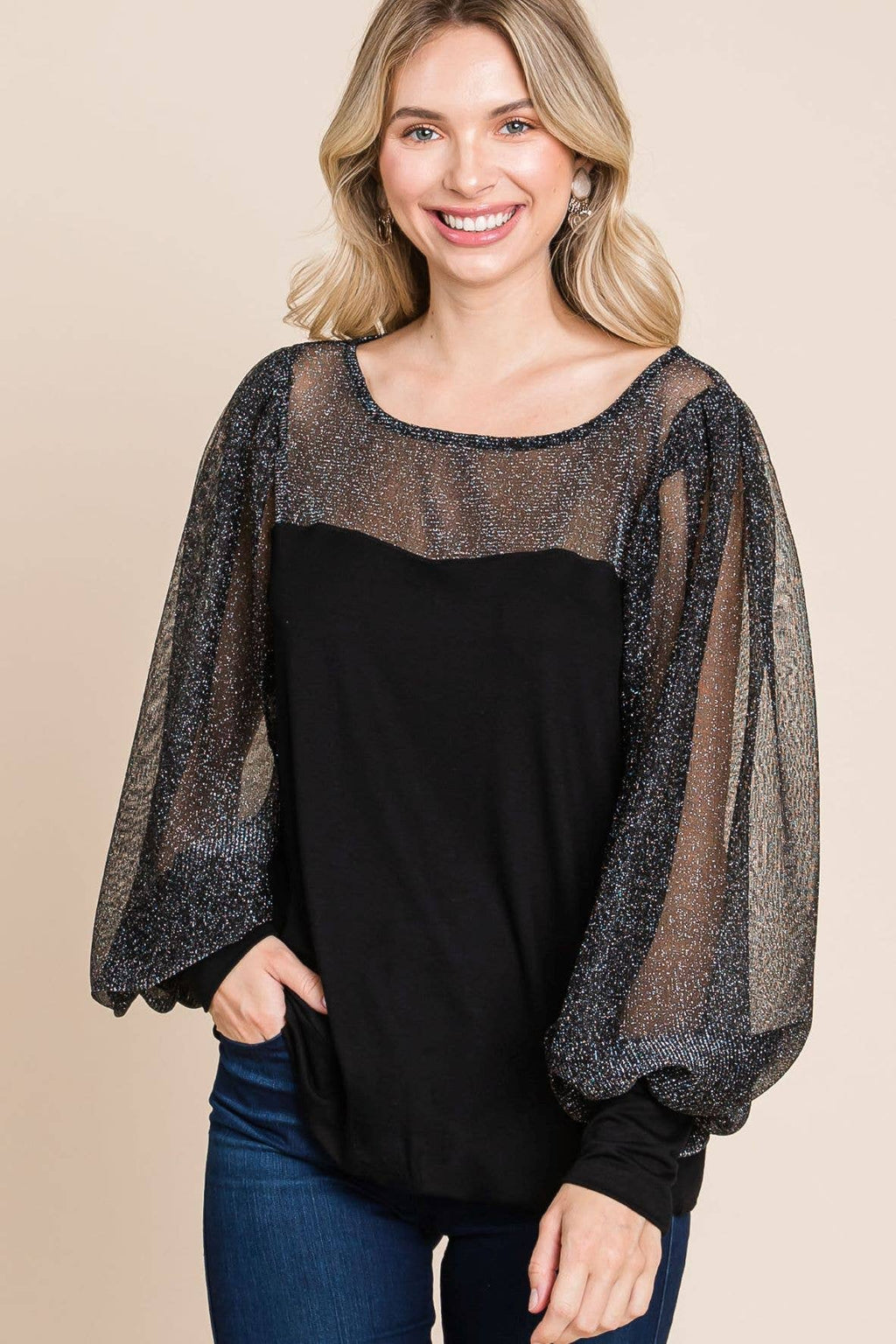 Solid Knit Top with Metallic Sleeves