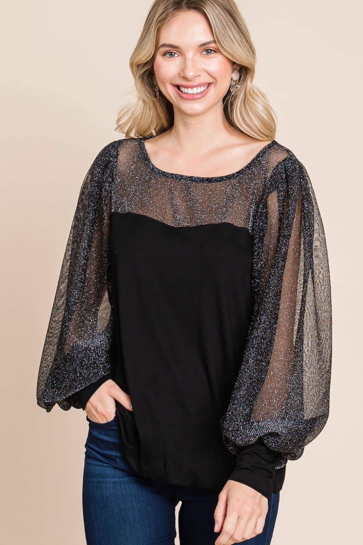 Solid Knit Top with Metallic Sleeves