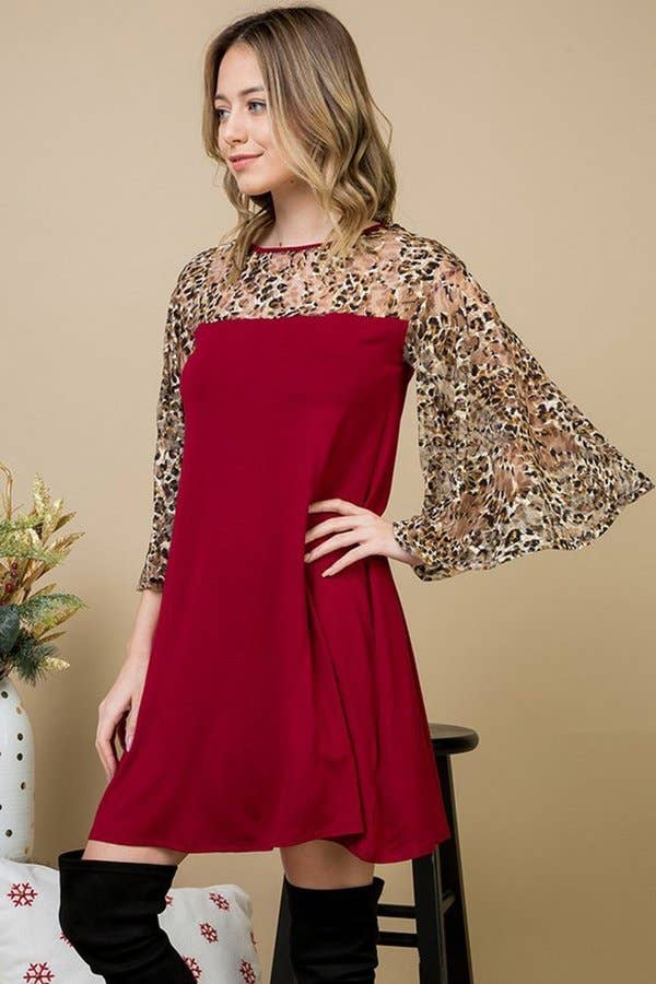 Cheetah Mesh Bell Sleeve Swing Dress