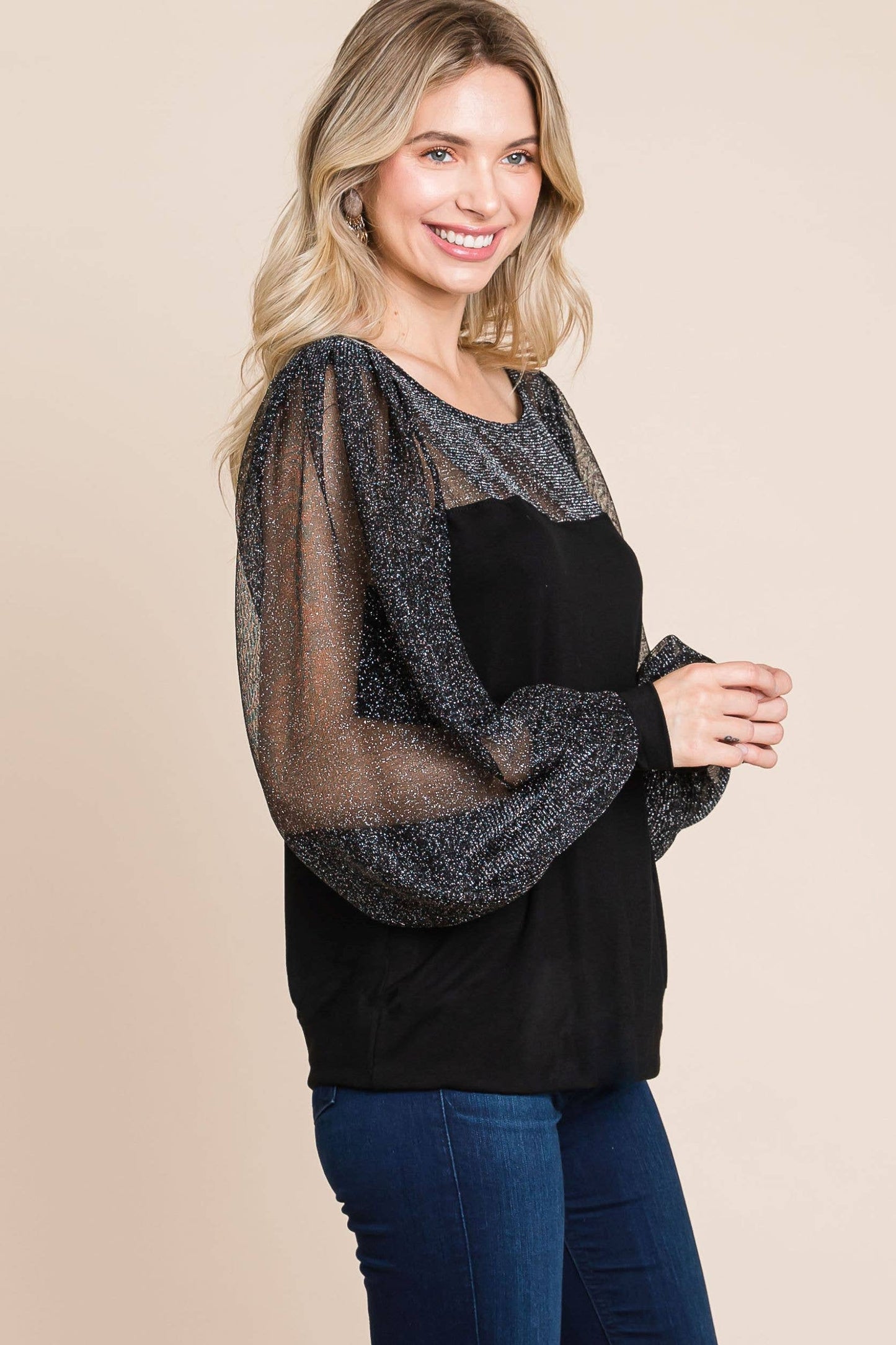 Solid Knit Top with Metallic Sleeves