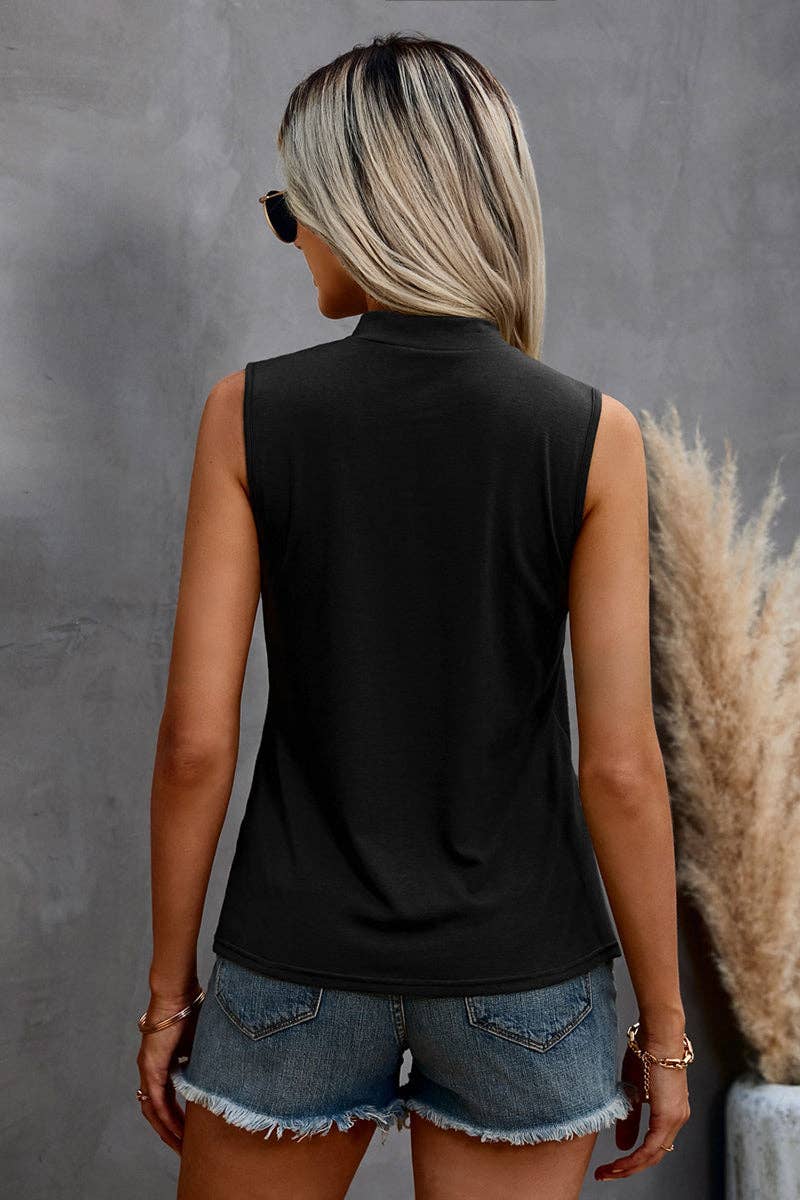 Mock Neck Cutout Shoulder Sleeveless Top