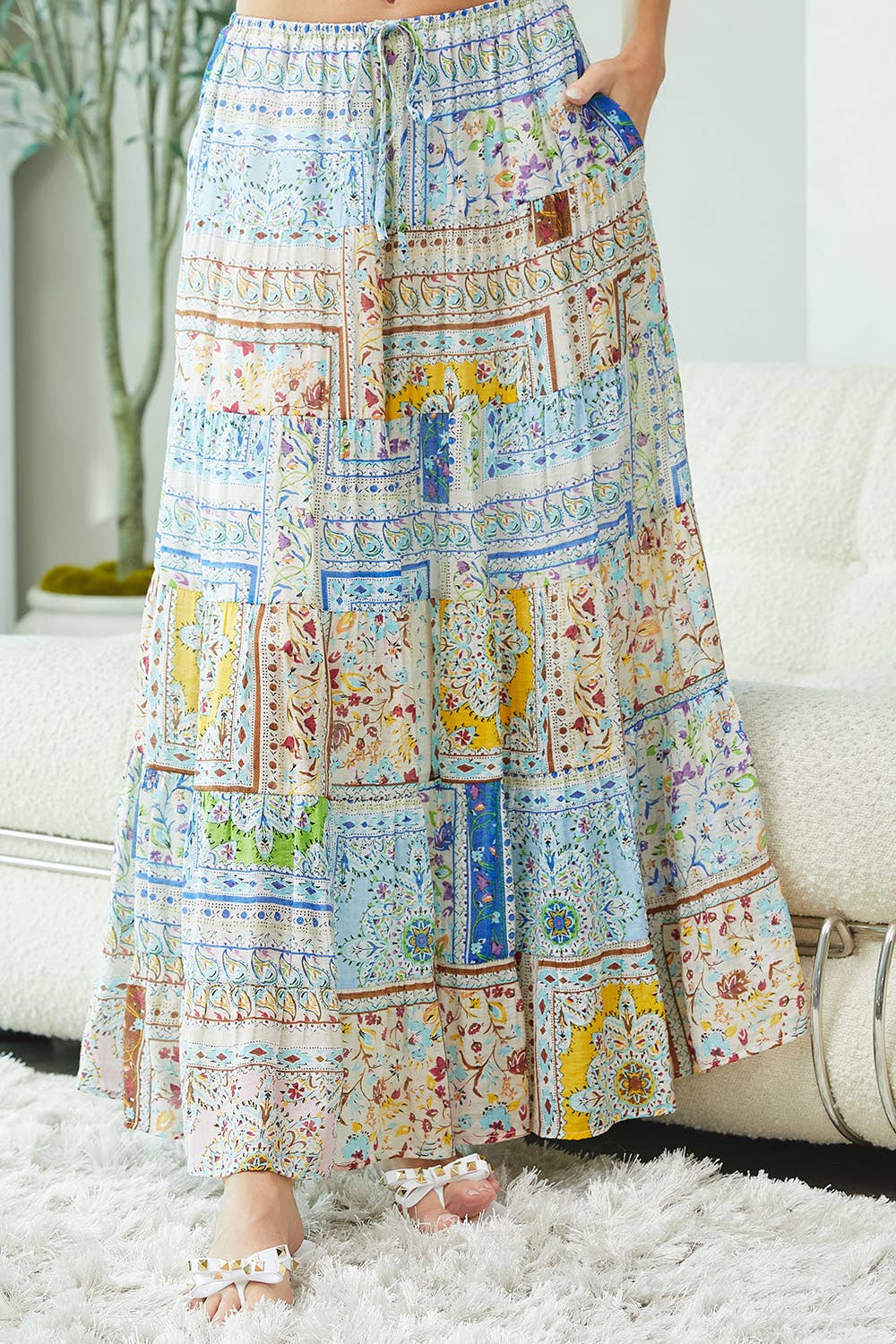 Blue Floral Print Maxi-Skirt