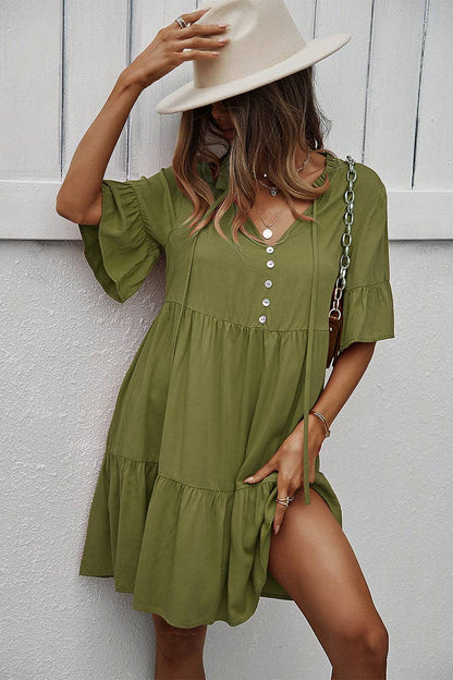 V Neck Button Up Solid Dress