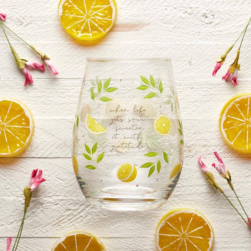 Inspirational Stemless Wine Glass with Gratitude