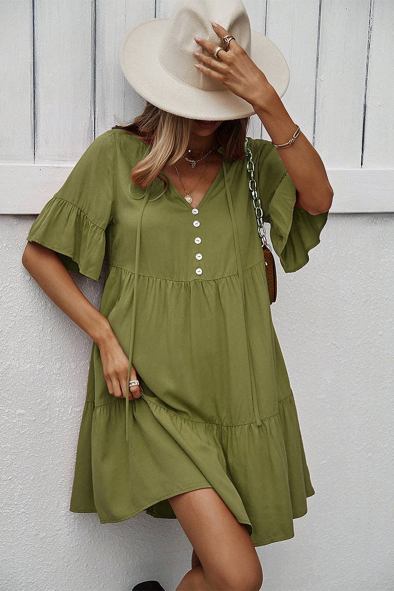 V Neck Button Up Solid Dress