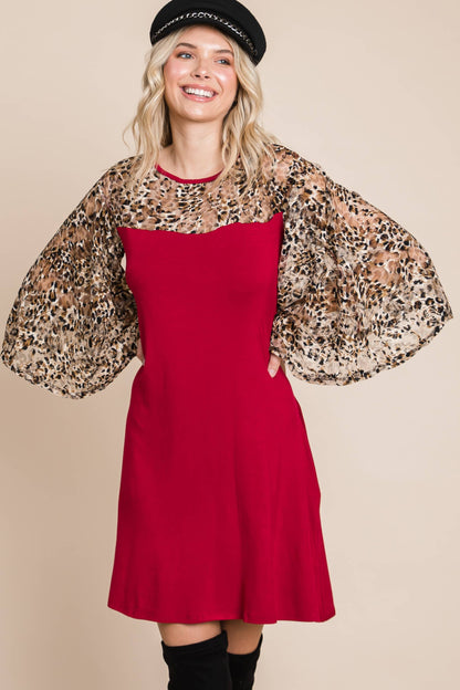 Cheetah Mesh Bell Sleeve Swing Dress