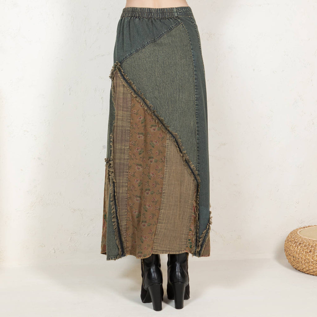 Western Boho Chic: Patch Inserted Denim Midi Skirt- New