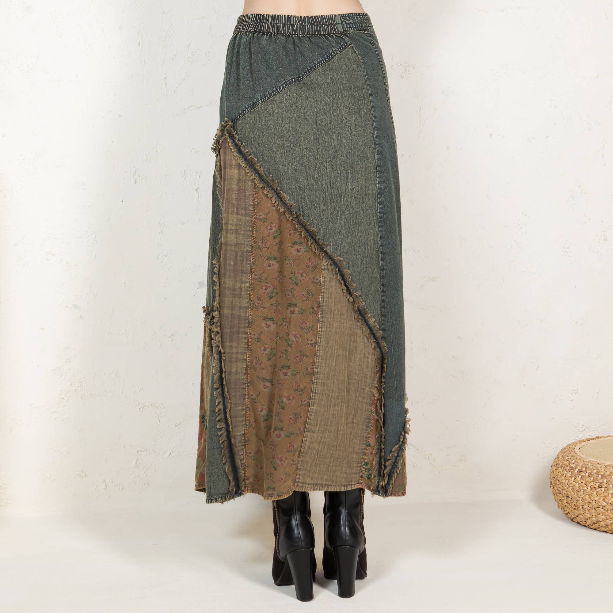 Western Boho Chic: Patch Inserted Denim Midi Skirt- New
