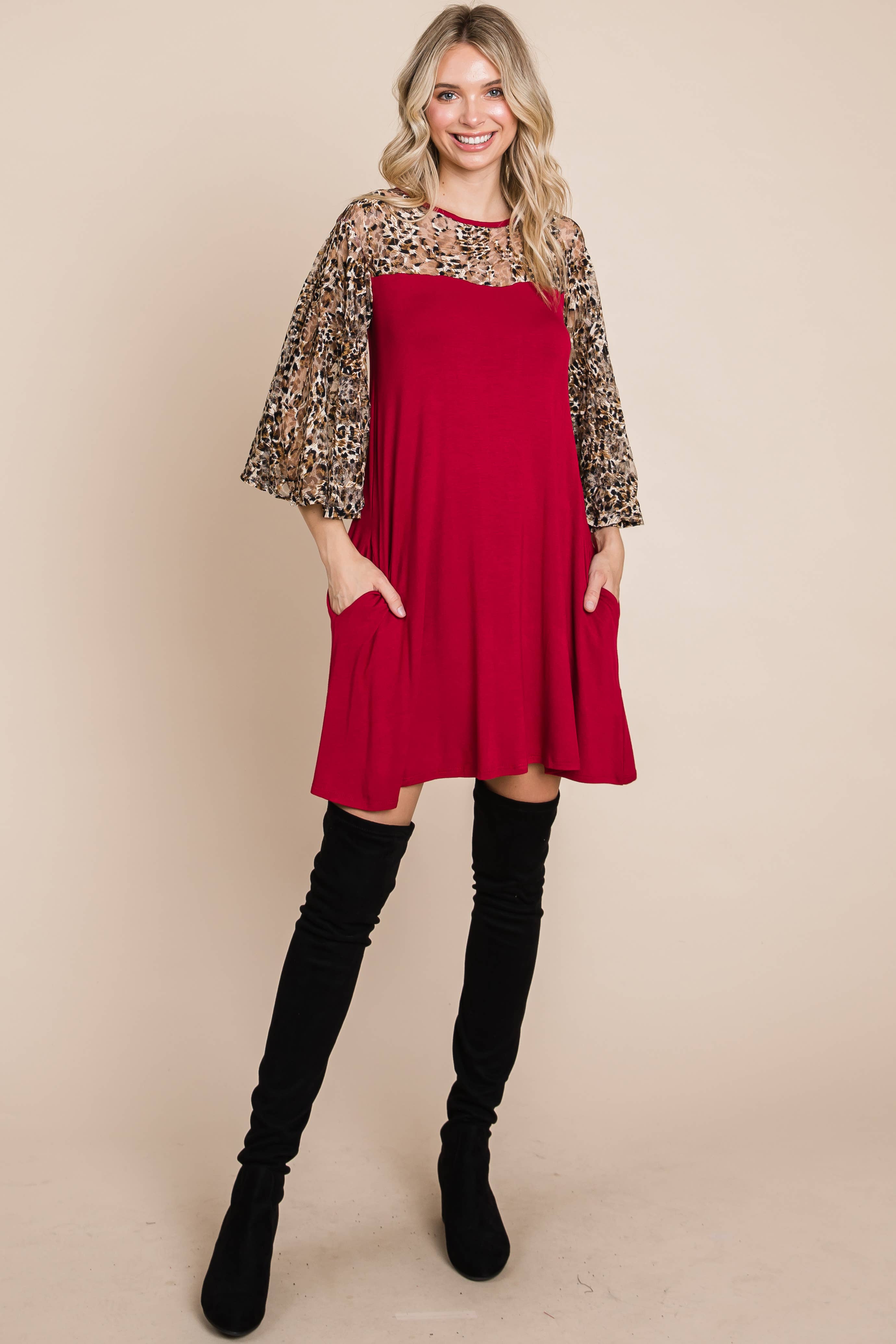 Cheetah Mesh Bell Sleeve Swing Dress