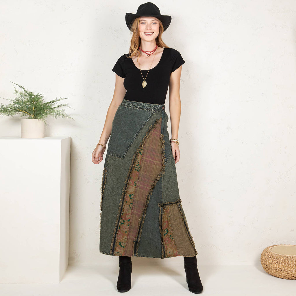 Western Boho Chic: Patch Inserted Denim Midi Skirt- New