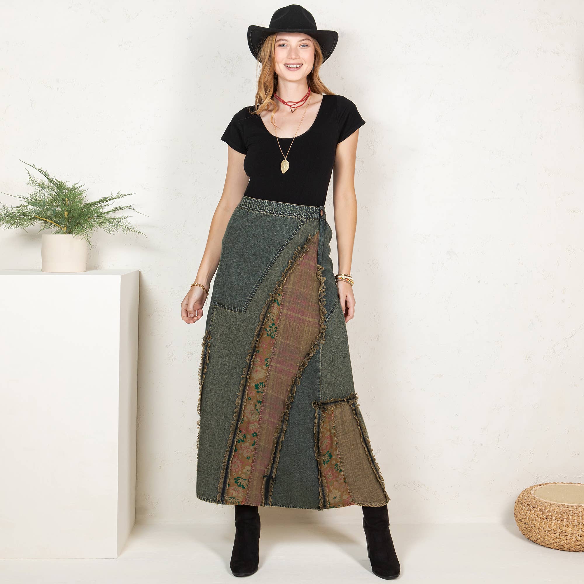 Western Boho Chic: Patch Inserted Denim Midi Skirt- New