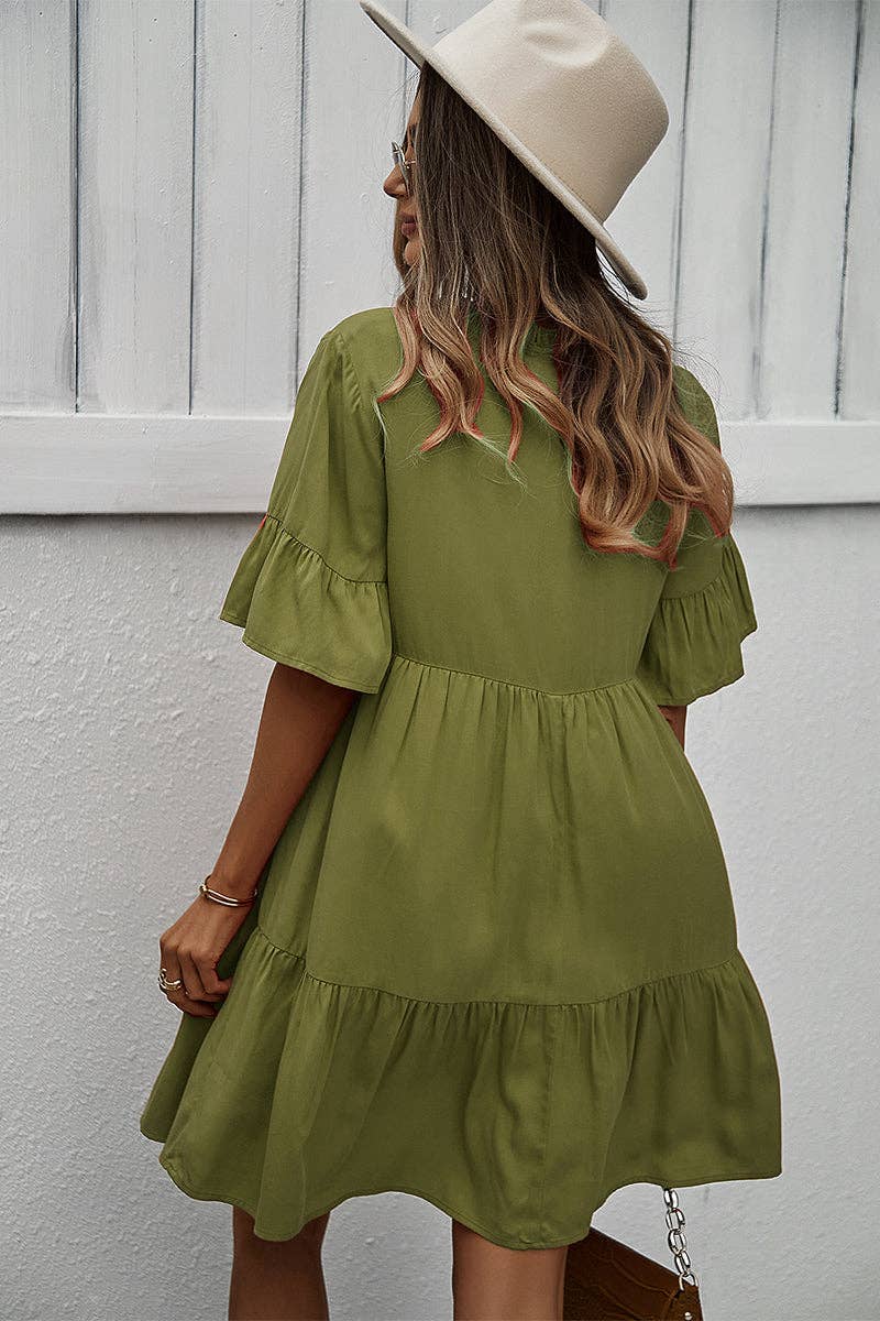 V Neck Button Up Solid Dress