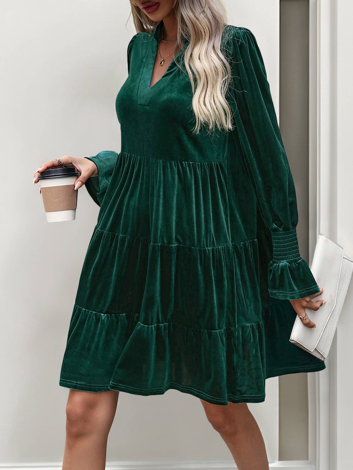 Velvet Long Sleeve V-Neck A-Line Dress