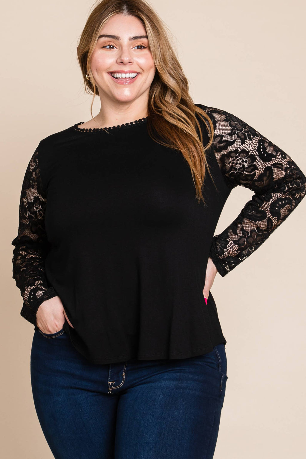 Solid Knit Top with Lace Mesh Sleeves