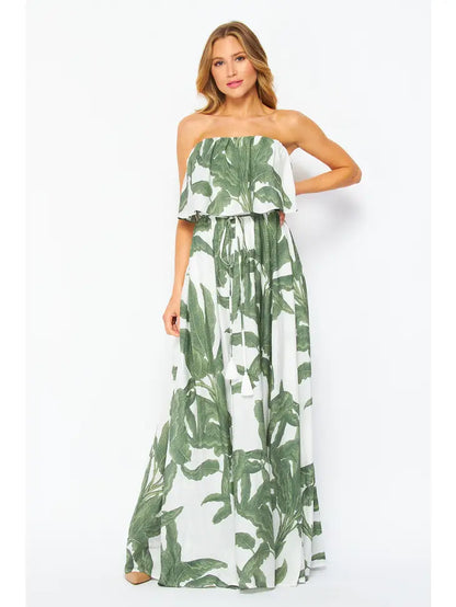 Palm Printed Woven Strapless Maxi Dress - Bella Rosa Boutique