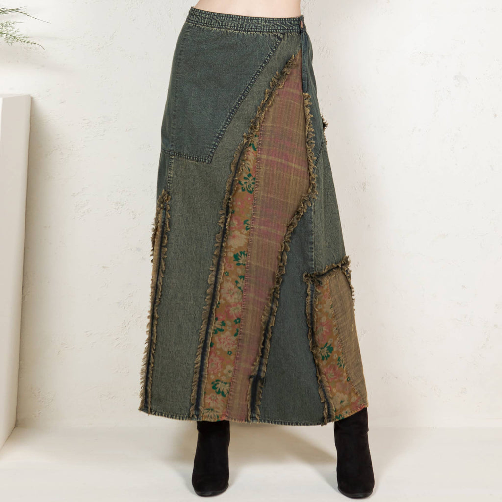 Western Boho Chic: Patch Inserted Denim Midi Skirt- New