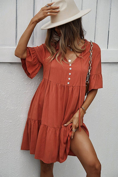 V Neck Button Up Solid Dress