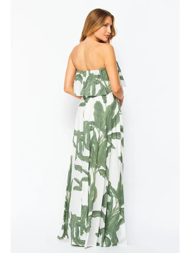 Palm Printed Woven Strapless Maxi Dress - Bella Rosa Boutique
